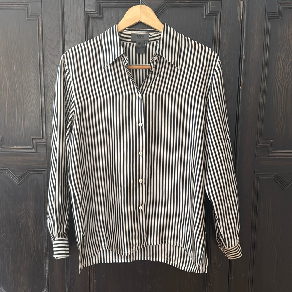 Votre Nom Black / White Striped Silk Button Down - Large